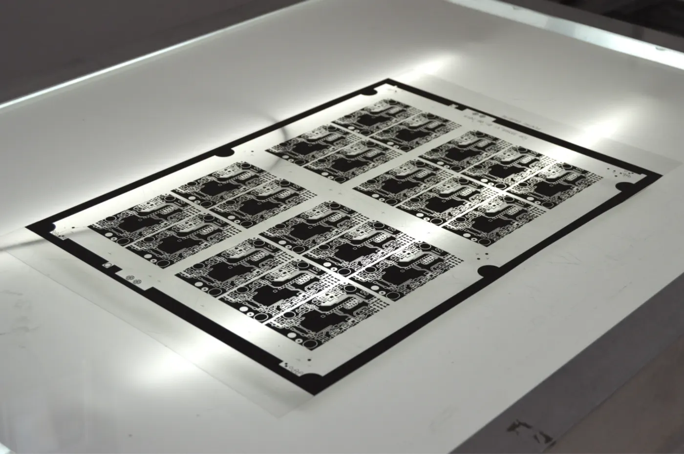 Bare PCB panel on light table